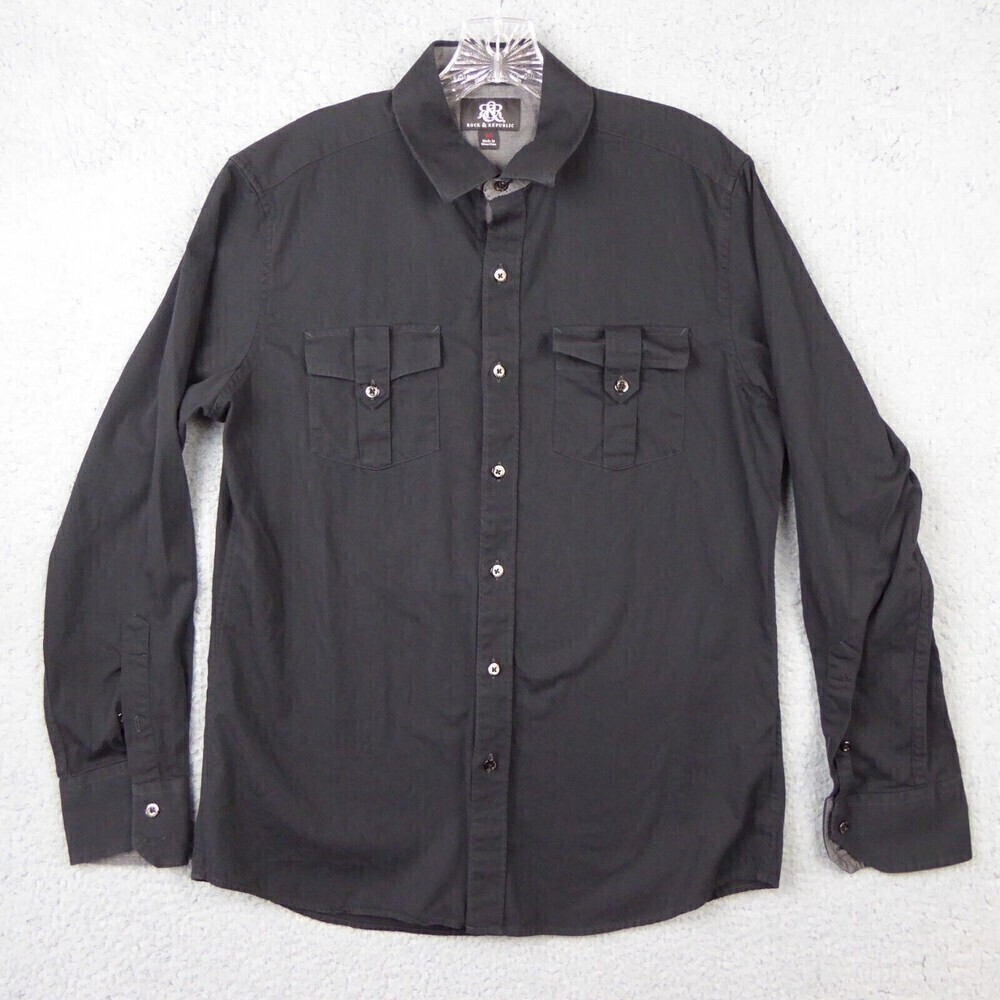 Rock & Republic Button Up Long Sleeve Shirt Black  Large Casual